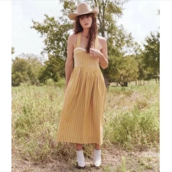 The Great Laurel Striped Midi Dress Womens 3/L Yellow Smocked Sweetheart Neck - Picture 1 of 11